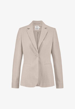Beige op maat gemaakte damesblazer met lange mouwen, enkele knoopsluiting, reverskraag met inkeping en twee voorste paspelzakken.