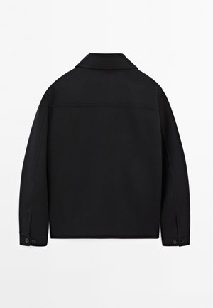 Black jacket featuring a collar, long sleeves, and buttoned cuffs, made from a smooth, textured fabric. Back view with minimal detailing.