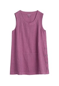Vestido de lino lavanda sin mangas con escote redondo, bolsillo lateral y seis botones en el lado izquierdo. Textura suave, diseño sencillo.