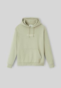 Haut à capuche vert clair avec une poche avant, cordon de serrage à la capuche et texte sur la poitrine. Fabriqué en tissu doux, il est doté de poignets et d'un ourlet côtelés.
