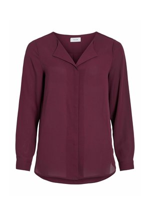 Burgundska bluza z dolgimi rokavi z V-izrezom in mehko, gladko tkanino. Ima sprednje zapenjanje s gumbi in rahlo ukrivljen rob za udobje.