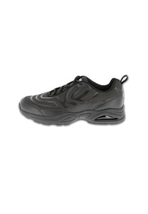 Chaussure de sport noire avec une tige synthétique lisse, des accents en maille, un bout arrondi et une semelle épaisse rembourrée avec un détail de coussin d'air.