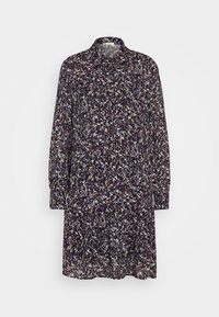 Robe noire à manches longues avec petit motif floral blanc et violet, coupe ample, col montant et ourlet à volants, présentée sur fond uni.