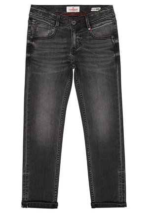 Slim-fit czarne dżinsy wykonane z denimu, z klasycznym pięciopocketowym designem, subtelnymi odciskami oraz wyróżniającym się ściegiem na zakończeniu.