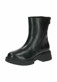 Černá kožená kotníková bota s hladkým povrchem, robustní podrážkou a bočním zipem. Disponuje kulatou špičkou a minimálními švy.