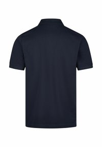 Marineblaue Poloshirt, Mischgewebe aus Baumwolle, kurze Ärmel, klassischer Kragen, sauberes Rückendesign ohne sichtbare Marken oder Muster.