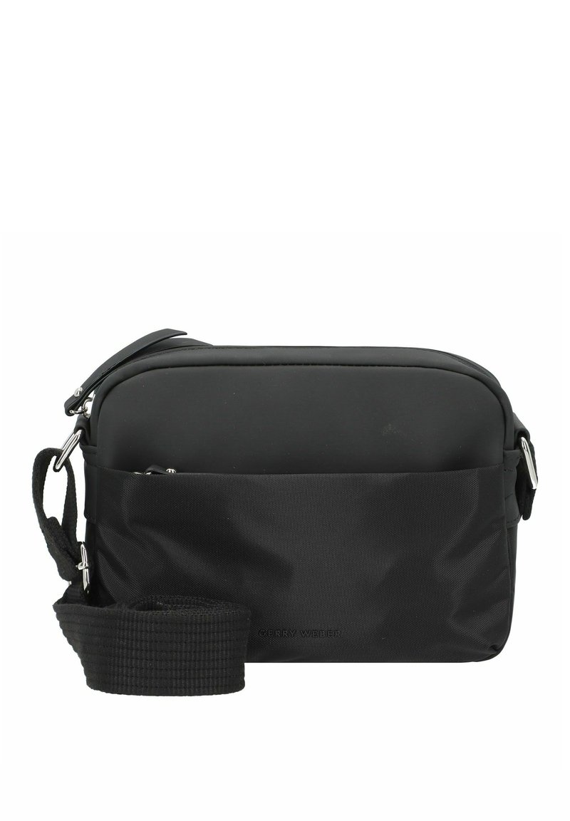Borsa a tracolla nera realizzata in nylon resistente. Presenta un vano principale con zip e una tasca esterna, con cinturino regolabile.