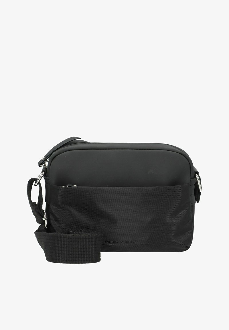 Borsa a tracolla nera realizzata in nylon resistente. Presenta un vano principale con zip e una tasca esterna, con cinturino regolabile.