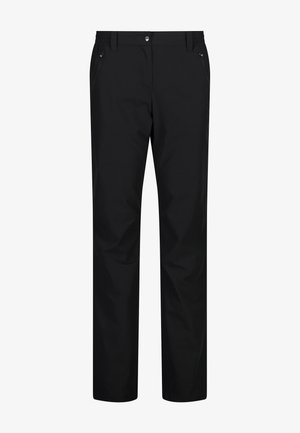 Sorte bukser med lige ben, lynlåslommer på siden, knaplukning og en glat, let stofstruktur.