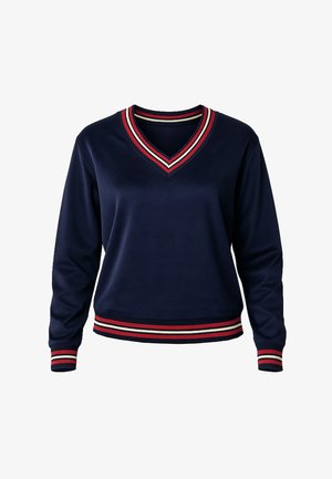 Donkerblauwe V-hals trui met lange mouwen, voorzien van rode, witte en beige gestreepte afwerking op de halslijn, manchetten en onderzijde.