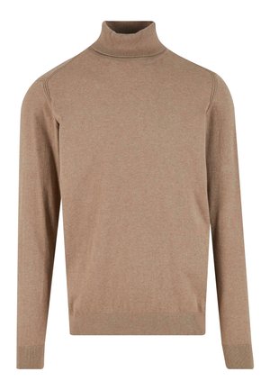 Šviesiai ruda ilga rankovė turtleneck megztinis su šonkaulinėmis rankovėmis ir apvadu, rodomas ant balto fono.