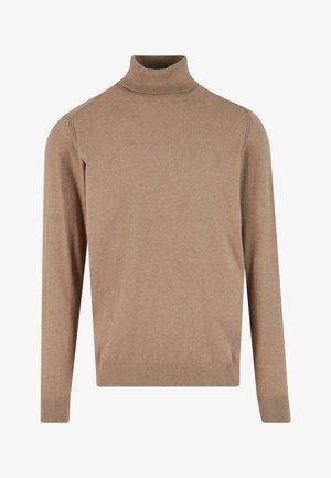 Beige lange mouwen coltrui met geribbelde manchetten en zoom, weergegeven op een witte achtergrond.