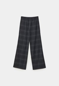 Musta- ja harmaaruudulliset leveälahkeiset housut, joissa on joustava vyötärönauha, pehmeä kangaspinta ja rento, väljä istuvuus.