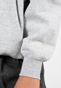 Šedá mikina s žebrovanými manžetami a měkkou texturou. Na rukávu má malé vyšívané logo. Čistý, minimalistický design.