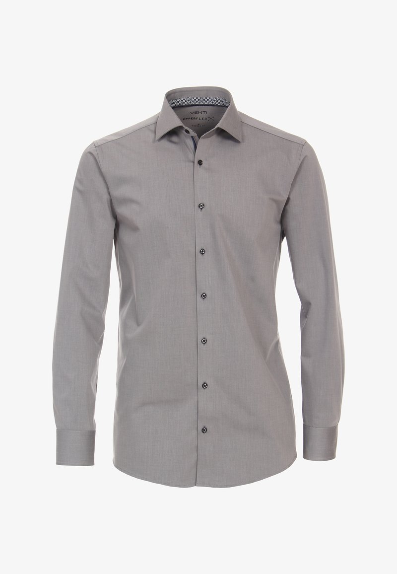 Szara, długi rękaw koszula wykonana z gładkiego materiału, z klasycznym kołnierzykiem, czarnymi guzikami oraz wzorzystym detalem wewnątrz kołnierzyka.