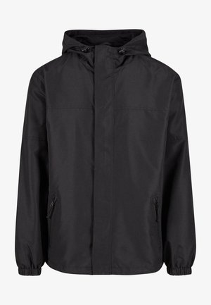 Black waterproof jacket with a hood, elastic cuffs, and two zippered side pockets. Smooth texture and a straight fit design.