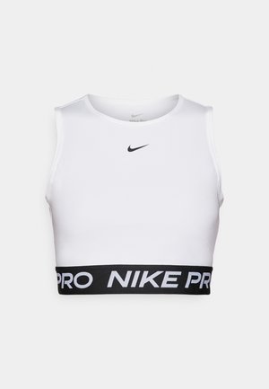 Bela športna kratka majica s krožnim izrezom, brez rokavov in črnim elastičnim pasom z napisom "NIKE PRO".