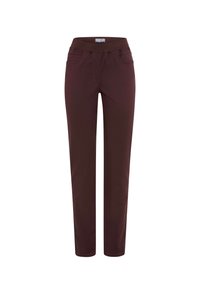 Bordeauxrode broek met een recht ontwerp, elastische tailleband, twee voorkruispockets en stikdetails. Gladde stofstructuur.