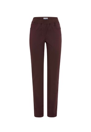 Bordeauxfarbene Hose mit geradem Bein, elastischem Bund, zwei Fronttaschen und Nähedetails. Glatte Stofftextur.