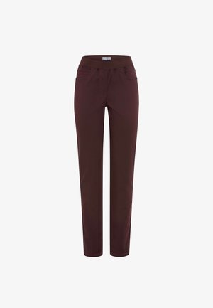 Bordeauxfarbene Hose mit geradem Bein, elastischem Bund, zwei Fronttaschen und Nähedetails. Glatte Stofftextur.