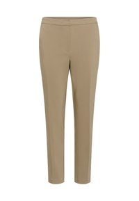 Pantalon beige ajusté avec une texture lisse, coupe slim et une taille plate. Pas de poches visibles ni d'ornements.