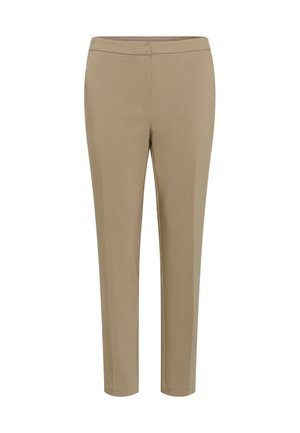 Pantalon beige ajusté avec une texture lisse, coupe slim et une taille plate. Pas de poches visibles ni d'ornements.