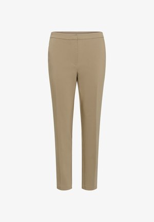 Pantalon beige ajusté avec une texture lisse, coupe slim et une taille plate. Pas de poches visibles ni d'ornements.