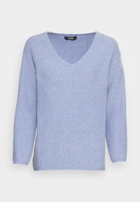 Light blue knitted sweater with a v-neckline, long sleeves, and a textured pattern. Made from soft, breathable fabric for comfort.