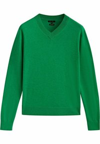 Vihreä v-kaula-aukkoinen neulepaita, joka on valmistettu pehmeästä kankaasta. Pitkät hihat, resorit hihansuissa ja helmassa sekä sileä tekstuuri yksivärisessä suunnittelussa.