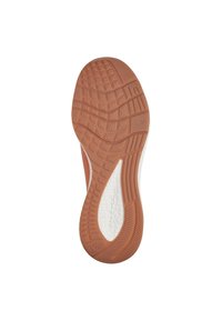 Gummisohle mit strukturiertem braunem Profil, ausgestattet mit einer weißen Zwischensohle und glatten Kanten für Flexibilität und Traktion.