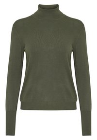 Pull à col roulé vert olive à manches longues. Fabriqué en tissu lisse et doux, avec des poignets côtelés et une coupe ajustée. Sans motifs ni accents.