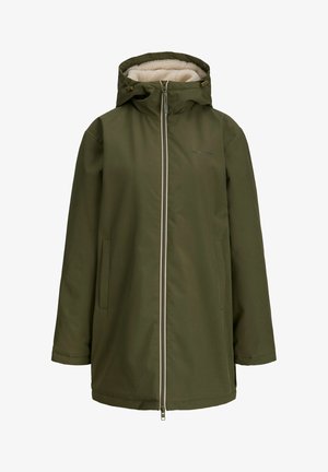 Abrigo de invierno verde oliva con capucha, cierre frontal y interior forrado de forro polar, mangas largas y bolsillos laterales.