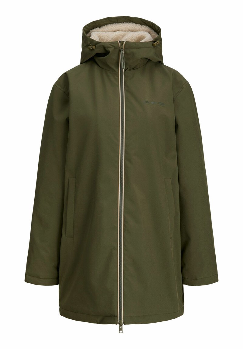 Cappotto invernale verde oliva con cappuccio, chiusura frontale a zip e interno foderato in pile, maniche lunghe e tasche laterali.