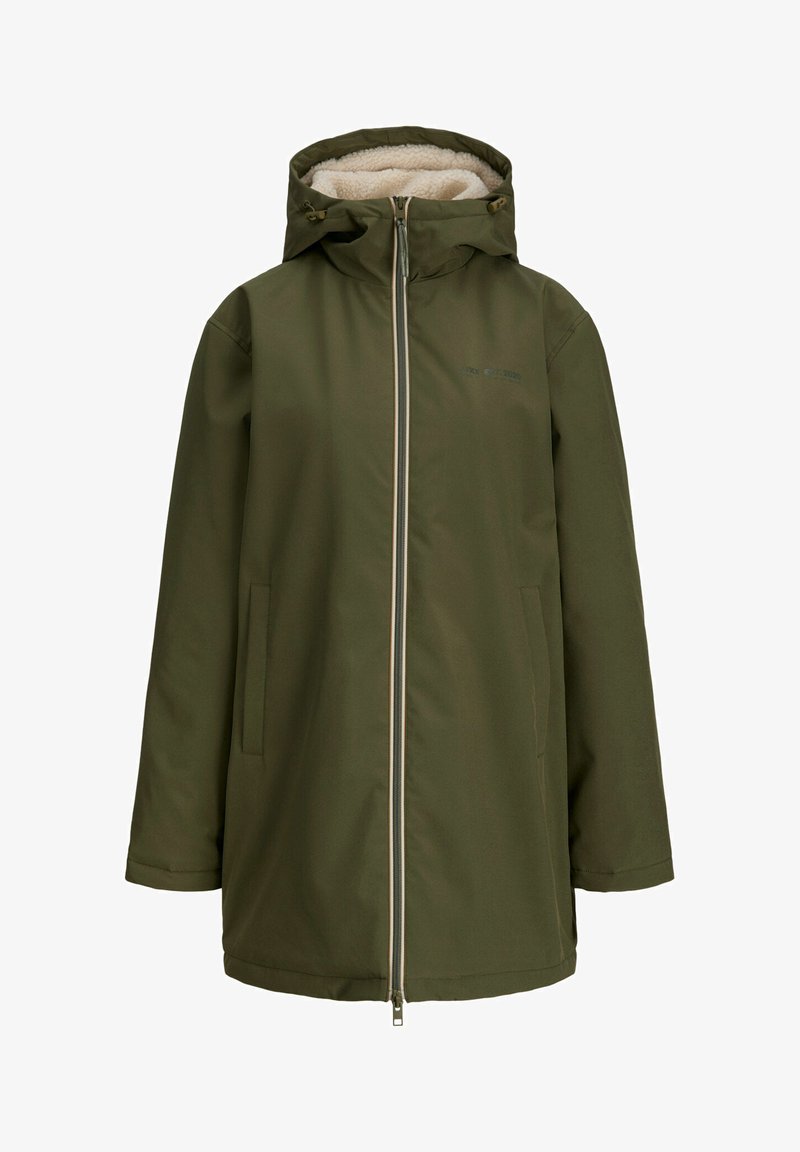 Cappotto invernale verde oliva con cappuccio, chiusura frontale a zip e interno foderato in pile, maniche lunghe e tasche laterali.