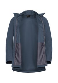 Giacca leggera da uomo blu con tessuto morbido, chiusura con cerniera, tasche in rete e cappuccio. Design aperto sul davanti con maniche lunghe.