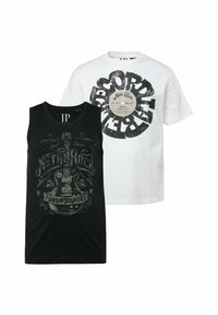 Svart linne med en gitarrgrafik och texten "Metal Rock". Vit t-shirt med en vinylskivdesign och cirkulär text i svart.