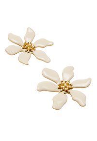 Kremowe, kwieciste kolczyki z emalii, z pięcioma płatkami i złotym środkiem z drobnymi akcentami.