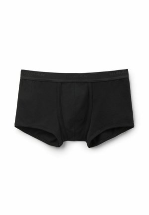 Schwarze Boxershorts für Männer mit elastischem Bund und Frontbeutel, flach auf einem weißen Hintergrund ausgelegt.