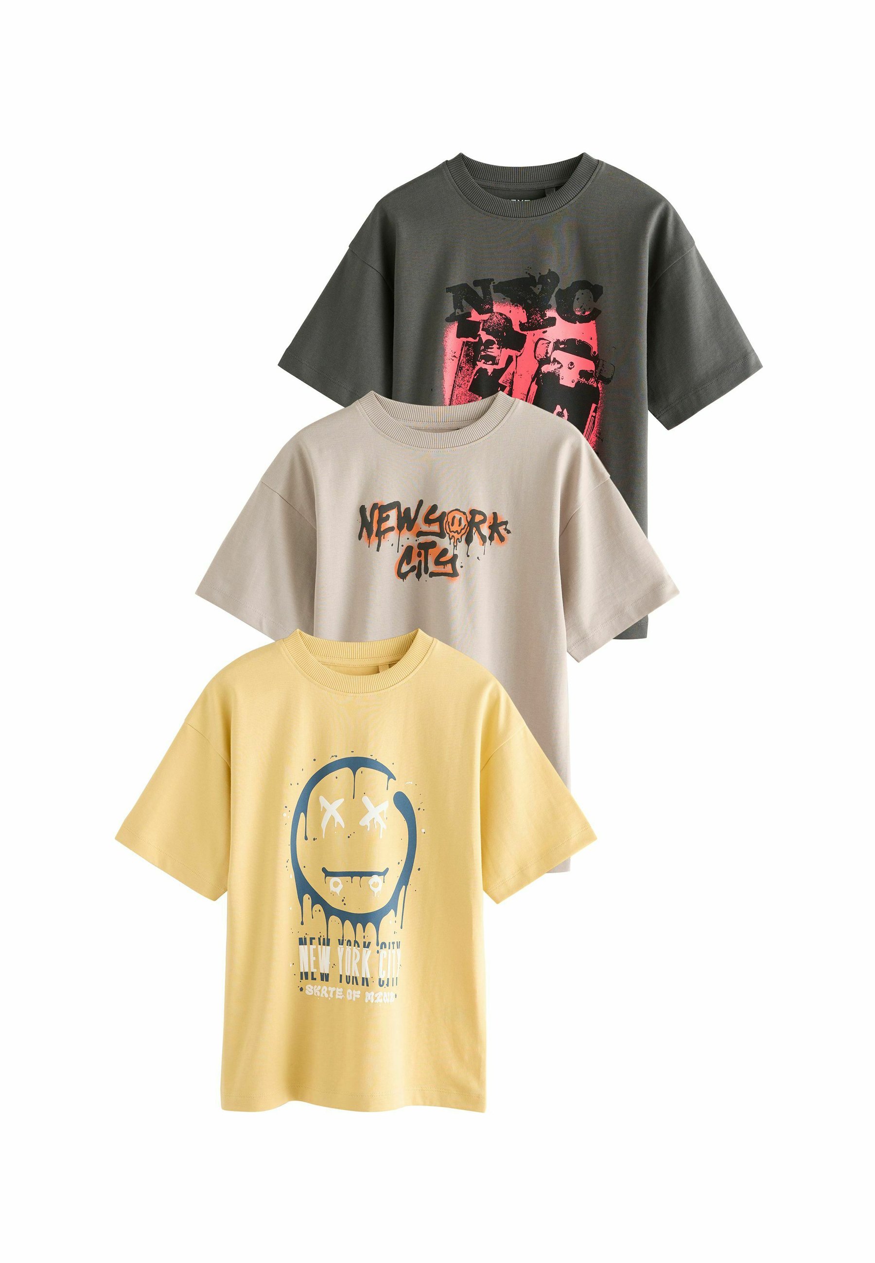 NEXT Jongen Set van 3 T-shirts met normale pasvorm, korte mouwen en print Zwart 158