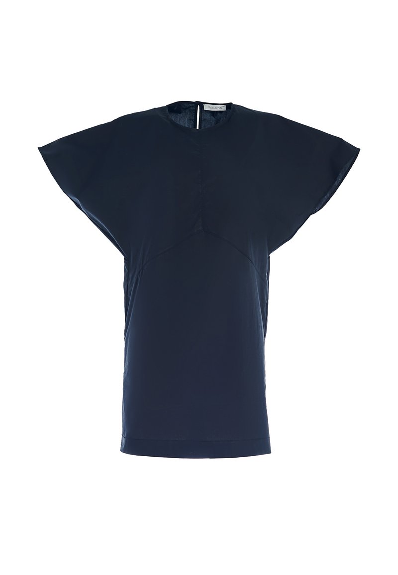 Maglietta a maniche corte blu navy con scollo rotondo, maniche larghe e dettaglio di cucitura centrale. Realizzata in tessuto morbido con un fit rilassato.