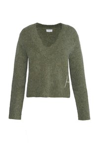 Olivgrön, v-ringad tröja med långa ärmar. Tillverkad av mjukt, strukturerat material med en broderad detalj på vänster framsida.