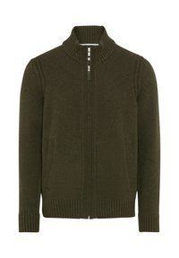 Groene gebreide zip-up cardigan met een geribde kraag en manchetten, voorzien van twee zijzakken en een gestructureerd patroon over de gehele lengte.