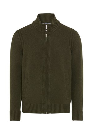 Grüne gestrickte Zip-Jacke mit einem gerippten Kragen und Bündchen, ausgestattet mit zwei Seitentaschen und einem strukturierten Muster über die gesamte Oberfläche.