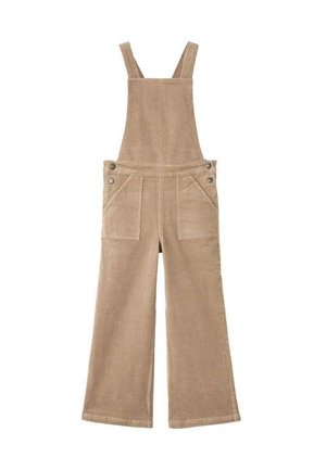 Salopette en velours côtelé marron avec des jambes larges, des bretelles réglables et deux poches avant. Comprend des accents en métal et un tissu texturé.