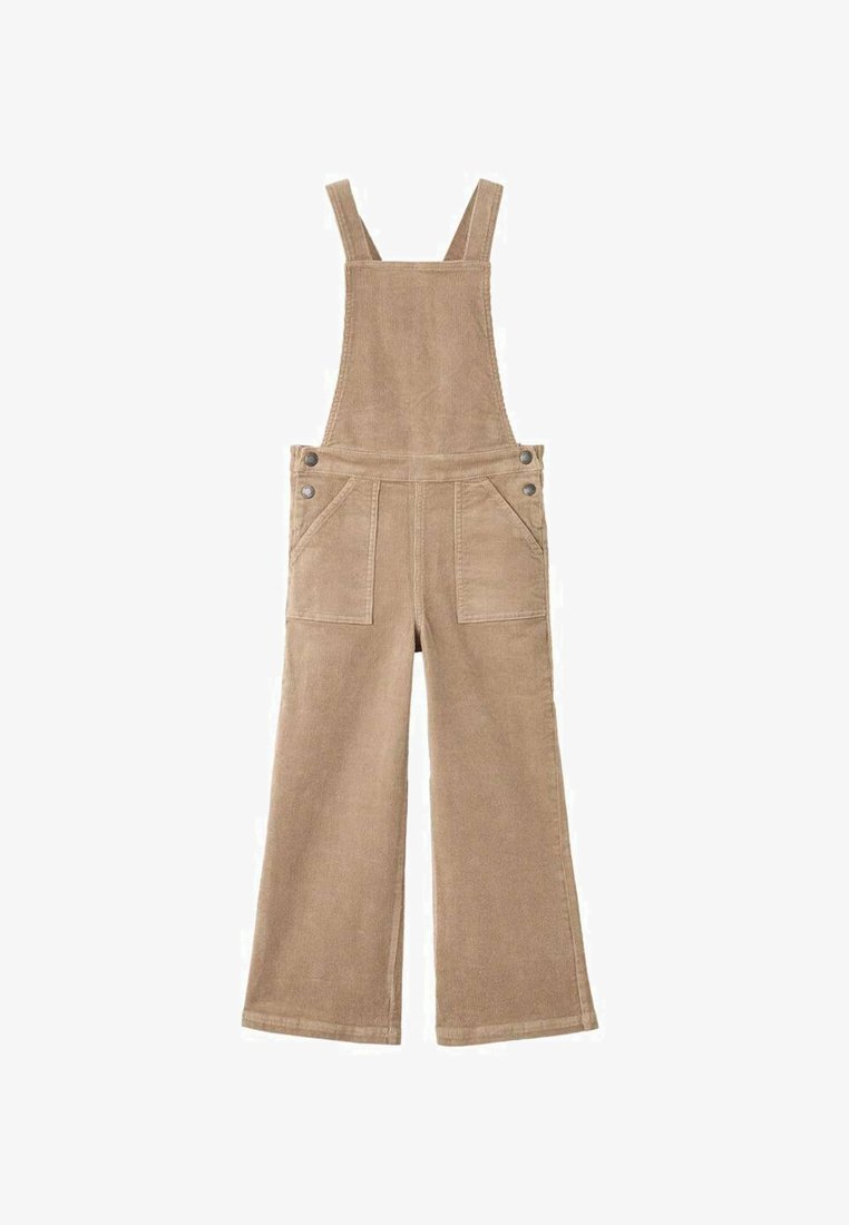 Brązowe ogrodniczki z szerokimi nogawkami, regulowanymi ramiączkami i dwoma przednimi kieszeniami. Posiadają metalowe guziki akcentujące i teksturowany materiał.