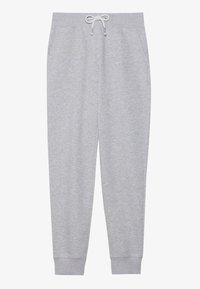 Light gray sweatpants made of soft fabric, featuring an elastic waistband with a drawstring, side pockets, and ribbed ankle cuffs.