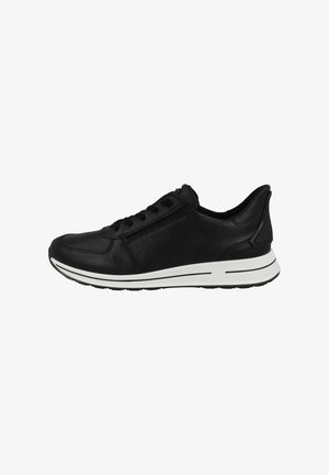 Czarne skórzane buty sportowe z okrągłym noskiem, sznurowanym przodem, wyściełanym kołnierzem i białą podeszwą kontrastową z dwoma poziomymi liniami.