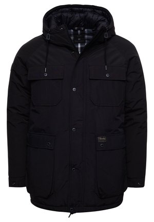 Schwarze wattierte Winterjacke mit Kapuze, Frontreißverschluss und Druckknöpfen, vier Klappentaschen und verstellbaren Kordeln an der Kapuze.