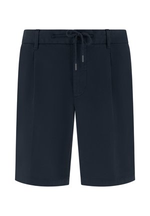 Pantaloncini blu navy al ginocchio con passanti per cintura e chiusura frontale con coulisse.