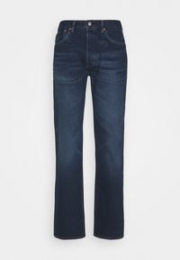 Mörkblå denimjeans med rak bendesign, som har en frontknäppning, fem fickor och subtila slitningar.